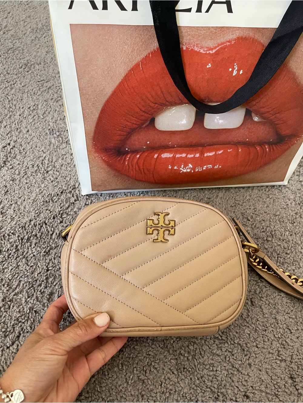 Tory Burch Nude Quilted Leather Crossbody with Gold Logo
